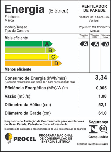Ventilador de parede Ventisol Comercial preto com 3 pás de plástico, 60 cm de diâmetro 127 V/220 V