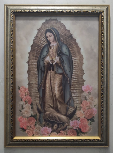 Virgen De Guadalupe Con Rosas En Marco Plata Y Oro 43 X 31 C