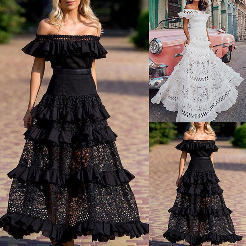 Vestido Largo De Encaje Grande Con Volantes Y Aberturas