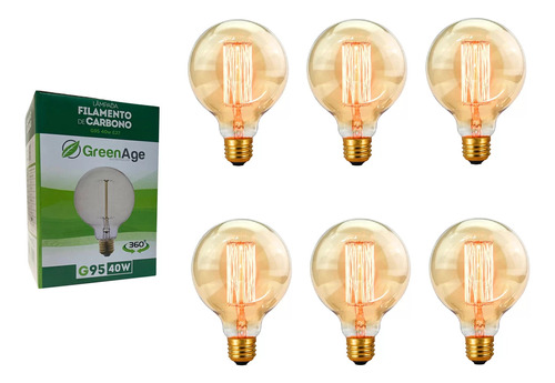 6 Lâmpada Filamento De Carbono G95 40w 220v E27 Retrô Vintage Decorativa Branco Quente - Green Age