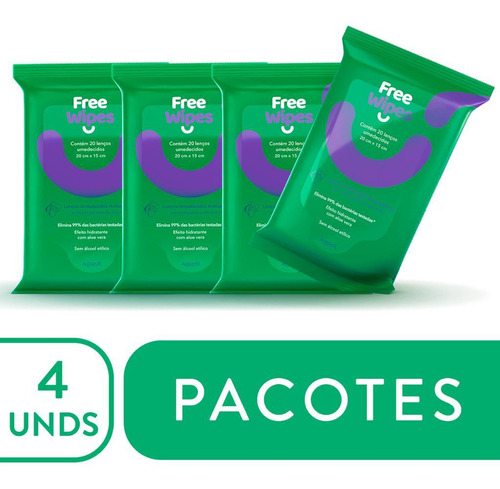 Free Wipes Lenços Umedecidos Antissépticos - Kit Com 4