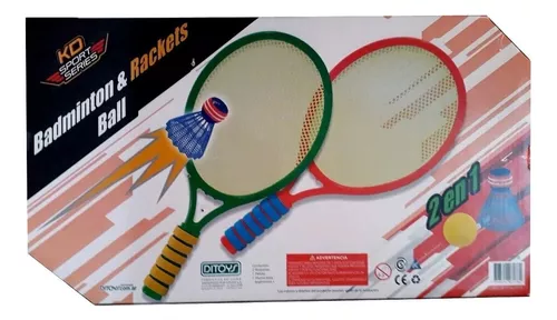 Set de bádminton para niños con 2 raquetas, una pelota y una pluma.