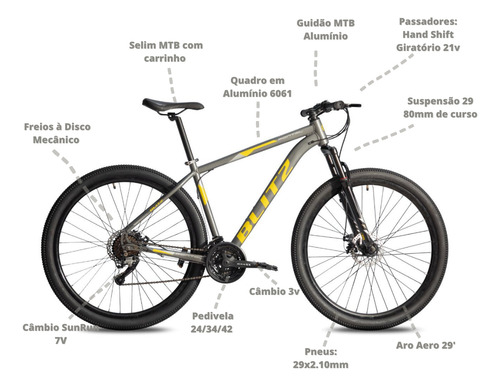 Bicicleta 29 Blitz Pontal Mtb, aluminio, 21 V, freno de disco, color gris claro, marco tamaño 17