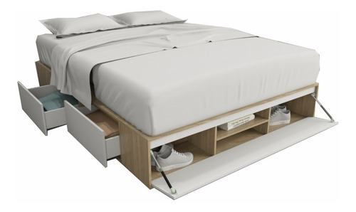 Cama Box Sommier 2 Plazas 4 Cajones + Zapatero Queen 160