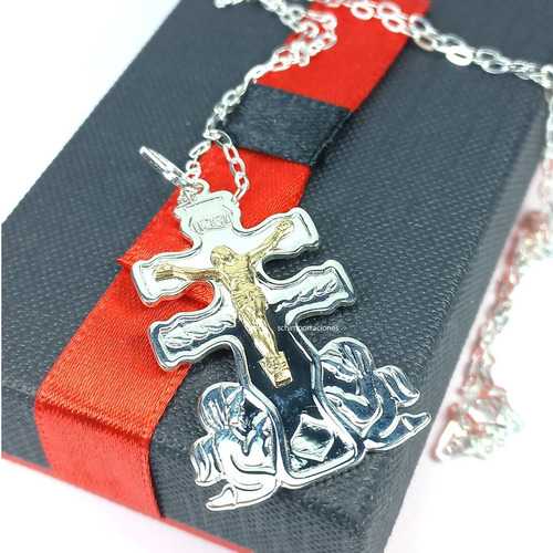 Imagen 4 de 4 de Cruz De Caravaca Plata - Cristo De Oro + Cadena + Caja Pro