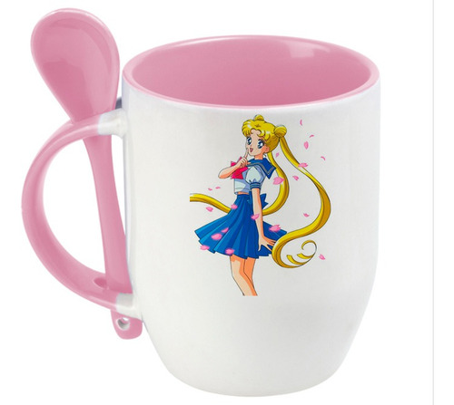 Taza  Con Cucharita Rosa Sailor Moon Serena Sakura