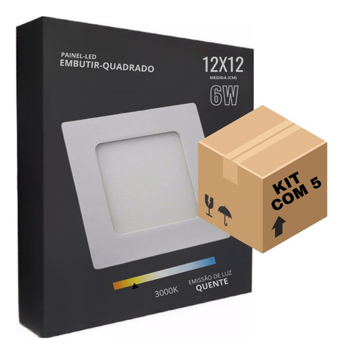 Kit 5 Painel Plafon Led6w Branco Quente Quadr. Embutir 12x12