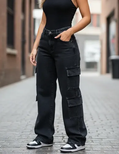 👖 Calça Cargo 8 Bolsos Jeans Feminina Cintura Alta