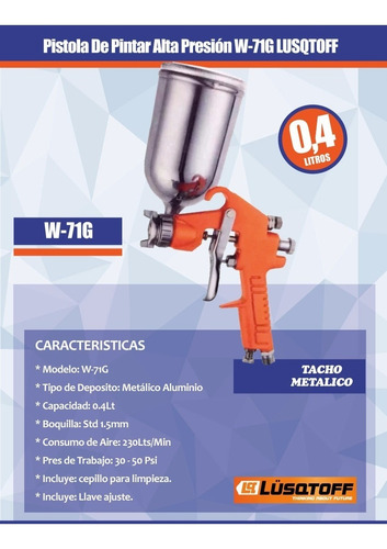 Imagen 3 de 9 de Pistola Soplete Pintar 0.4lt 1.5mm Lusqtoff Neumatica 400 Ml