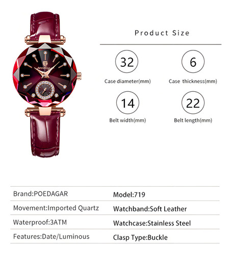 Reloj De Cuarzo De Cuero De Moda Impermeable Poedagar Color De La Correa Púrpura