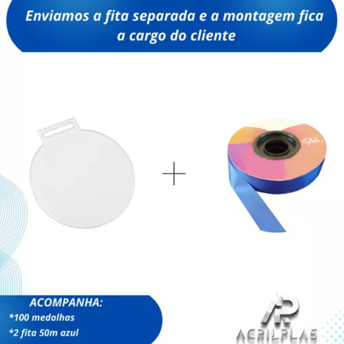 Kit 100 Medalhas Quadradas 4cm Acrílico 2mm Fita Azul
