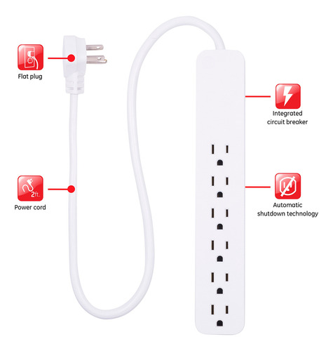 Protector De Corriente 6 Tomas Cable Extensión 60 Cm Blanco