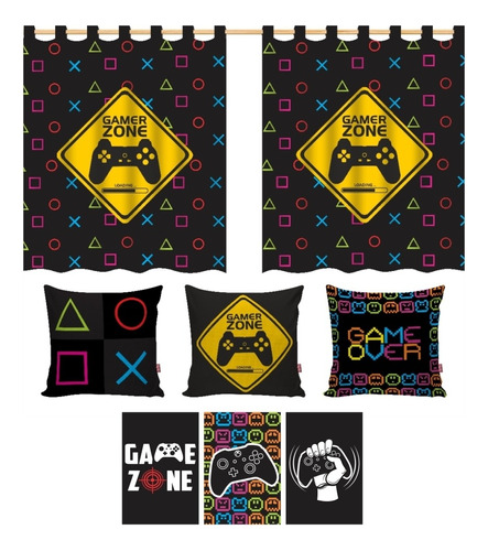 Kit Decoração Jogo Gamer Cortina + Quadros + Capas Almofadas