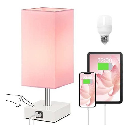 Lámpara De Mesa Táctil Con Puertos Usb A+c, 3 Niveles, Rosa