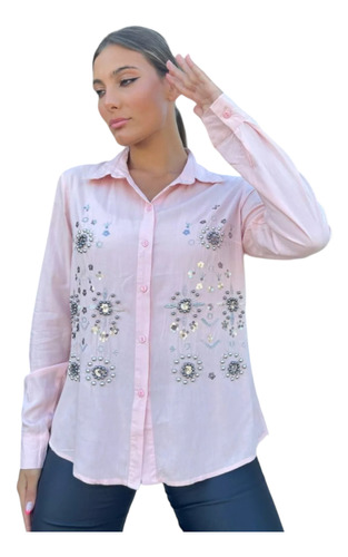 Camisa Importada Bordada Con Lentejuelas Y Tachas Exclusiva 