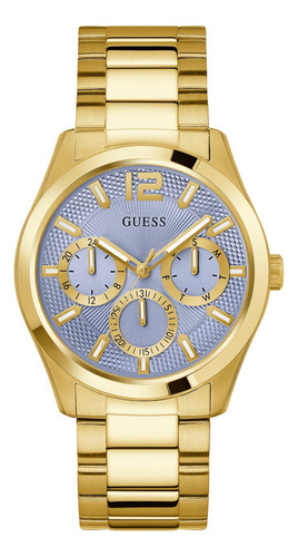 Reloj De Caballero Marca Guess Cololr Plata Correa Dorado Bisel Dorado Fondo Azul Claro