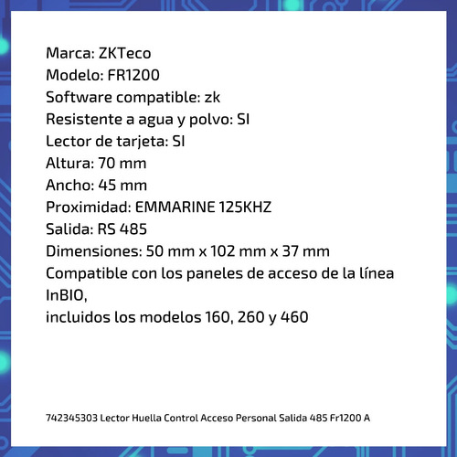 Lector Huella Control Acceso Personal Salida 485 Fr1200 A
