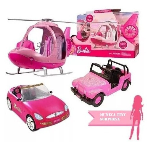 Barbie Helicoptero + Auto + Jeep + Muñeca Sorpresa Original