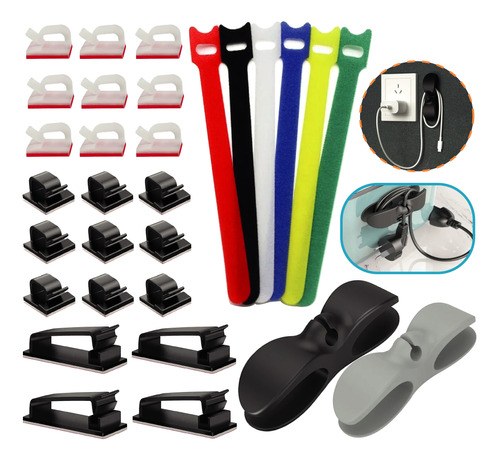 Kit Gestión De Cables Soporte Clips Adhesivos Silicona Velcr