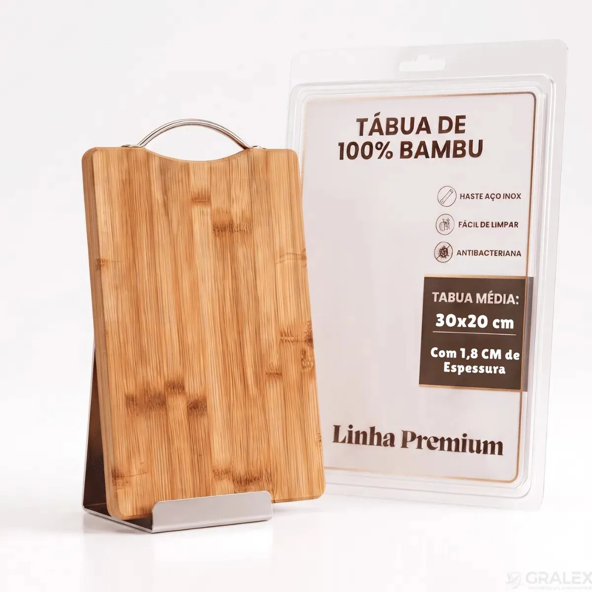 Tabua Corte Bambu Alça Inox Gourmet 30x20cm Expessura 1.8cm Profissional Antibacteriana Resistente Carnes Legumes Frutas... Geométrico Marrom-claro