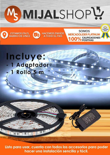 Tira Led Luz Blanca Rollo 5 Metros Fuente Kit Completo 5050