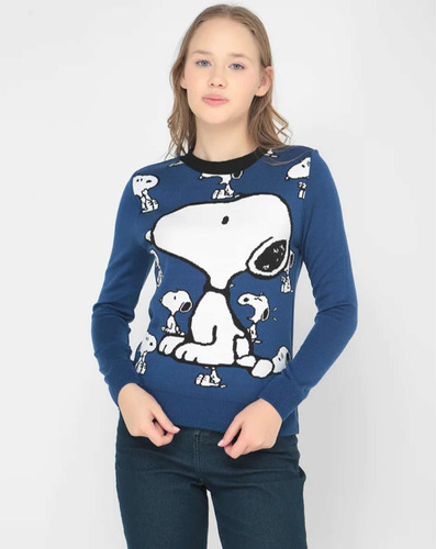 Suéter Azul Snoopy Peanuts Para Mujer Cuello Redondo