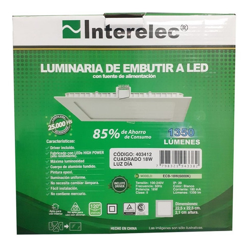 Imagen 5 de 6 de Panel Led Cuadrado 18 W Plafon Embutir Interelec Luz Fria