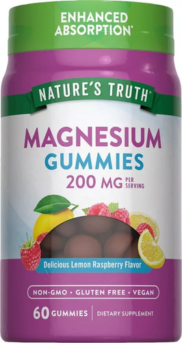 Magnesio 200mg X60 Gomitas Veg Limon Raspberry Natures Truth Sabor Limón Y Frambuesa