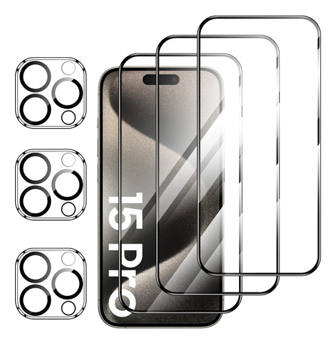 Película Protección 3 Mica + 3 Lentes Para iPhone 15  Pro