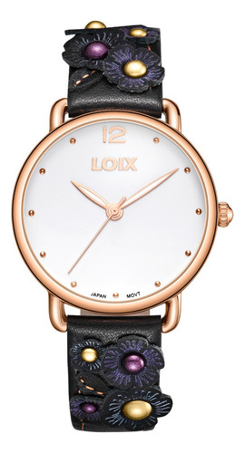 Reloj Mujer Loix® L1213-4 Negro Con Oro Rosa, Tablero Blanco