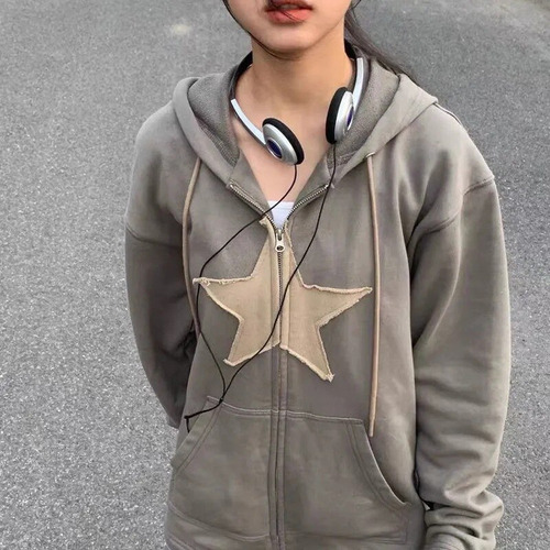 Sudadera Con Capucha Hip Hop Con Cierre Y Parche De Estrella