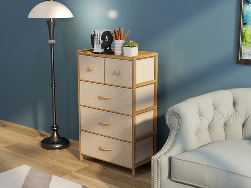 Mu:4life Organizador Cómoda Estructura Bambú Y 5 Cajon Tela Color Lino