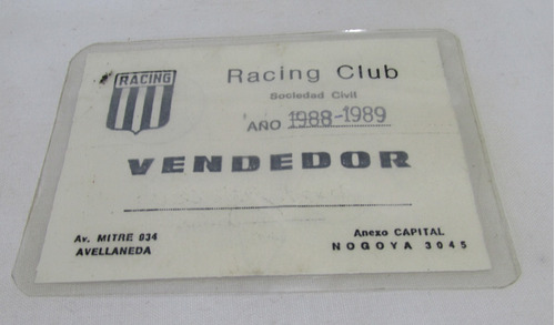 Antiguo Carnet Especial Vendedores 88/89, Racing Club Arv #l