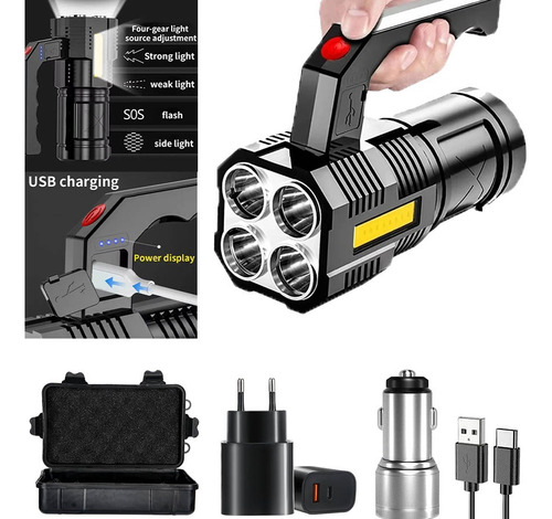 Linterna Cob De Carga Usb De 4 Led Con Pantalla De Alimentac