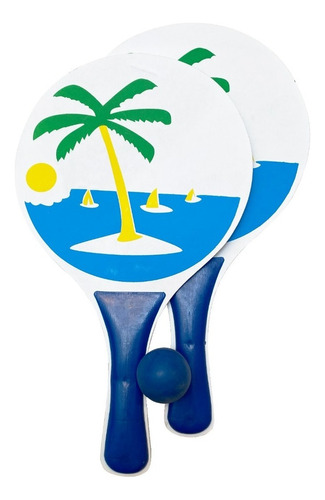 Juego De Playa Set De 2 Paletas Madera Grande C/ Pelota New Color Palmera Azul 5067