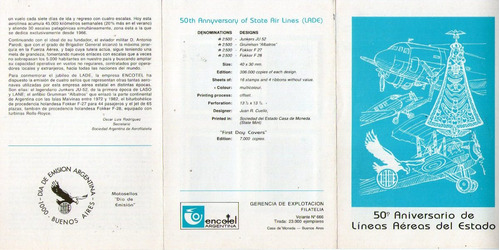 Imagen 2 de 2 de Argentina Volante Filatélico Aviones Junker = Fokker = 1990