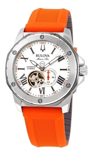 Reloj pulsera Bulova 98A22 con correa de silicona color naranja - fondo blanco - bisel plata