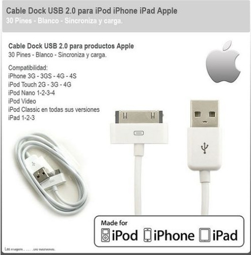Imagen 1 de 2 de Cable iPhone 4 4s 3g S iPad 1 2 3 4 30 Pines Titan Belgrano