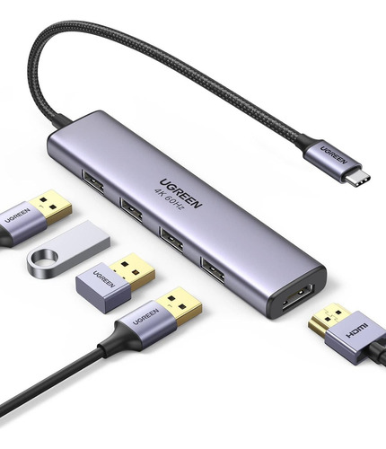 Hub Ugreen 5 en 1 USB-C HDMI 4k 60 Hz, color gris