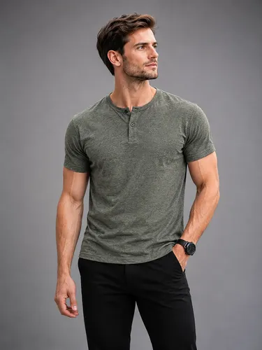 Camisa Masculina Henley Slim Algodão 30.1 Mescla Luxo Casual