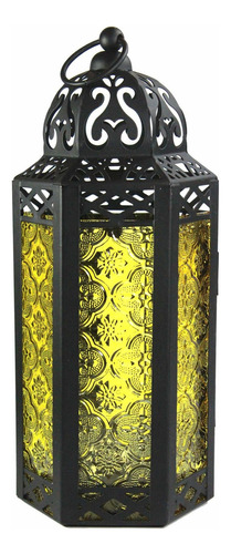 Soporte Decorativo Farol De Vela  Vidrio Amarillo  Medi...