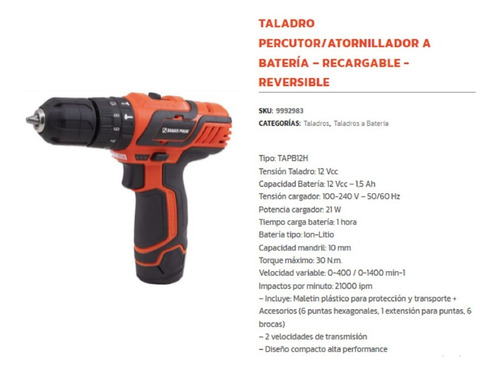 Imagen 2 de 3 de Taladro Percutor Bateria 10mm 12v Litio Dowen Pagio 9992983