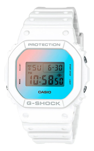 Reloj Casio G-shock Dw-5600 Para Hombre Correa Blanco Bisel Blanco Fondo Azul