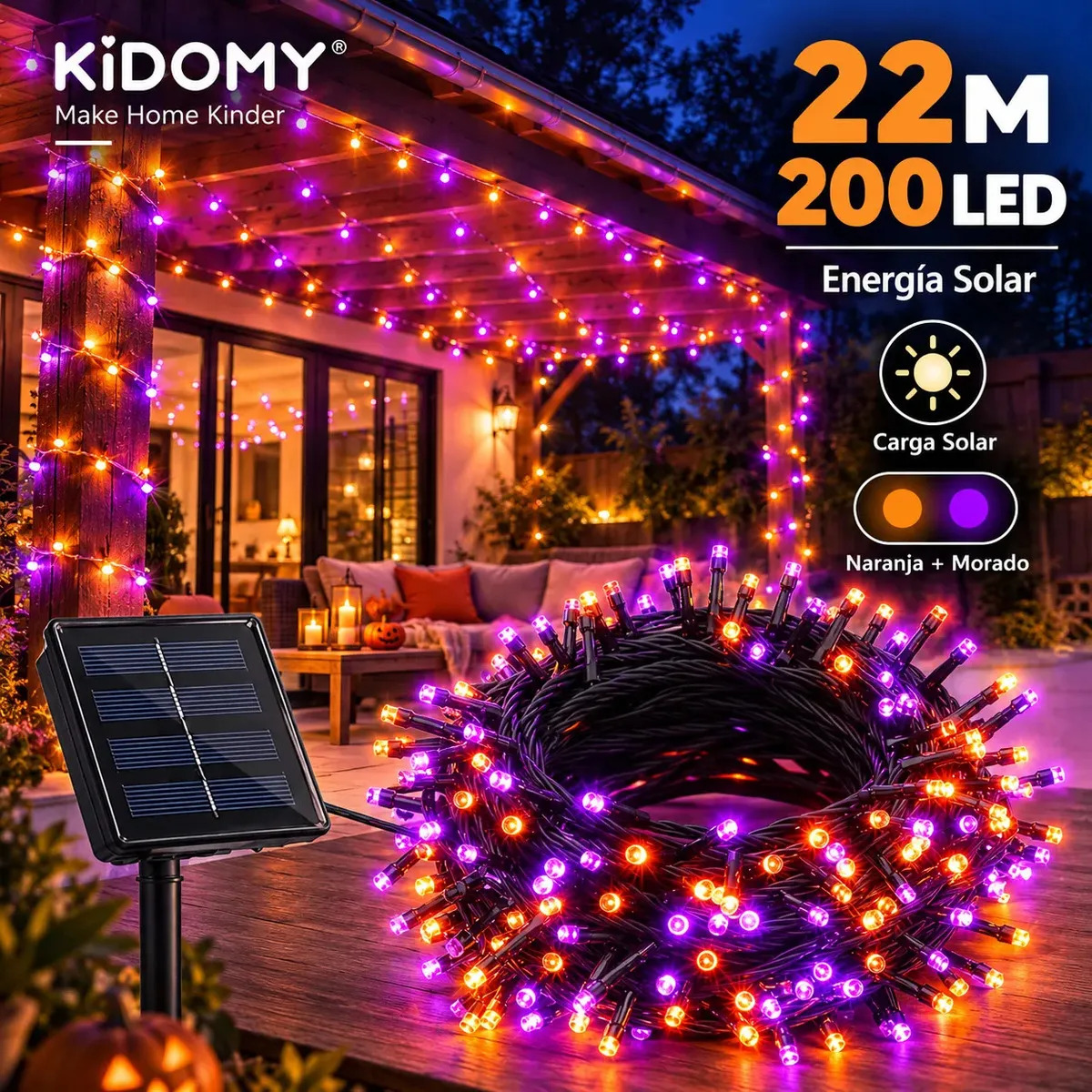 Luces de Halloween Cadena Luces 22m Exteriores Solares 200led Adornos Naranjas y Moradas,Impermeables, para Decoración