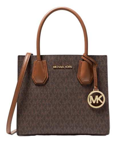 Bolsa de acordeão de couro médio Michael Kors Mercer, acabamento de hardware original, cor dourada, marrom escuro, alça de ombro, cor marrom