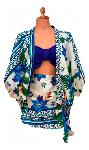 Conjunto Kimono + Shorts Saia Estampado Verão Colorido Azul