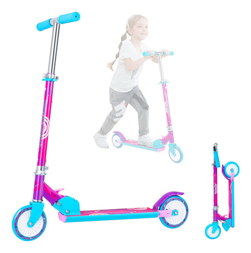 NOVANGUA S-54 scooter para niños 2 llantas plegables ligero y con manubrio de altura adjustable 50 kg para niños de 3 a 10 años freno trasero llantas de 120 mm en PVC rosa chicle