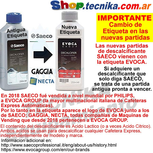 Imagen 2 de 5 de Descalcificante 250ml X 5 Unid Cafetera Express Saeco Evoca
