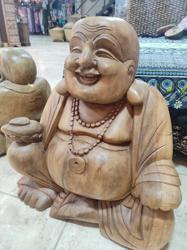 Imagen 2 de 6 de Buda Madera Sonriente Feng Shui Artesanal 50 Cm Bali