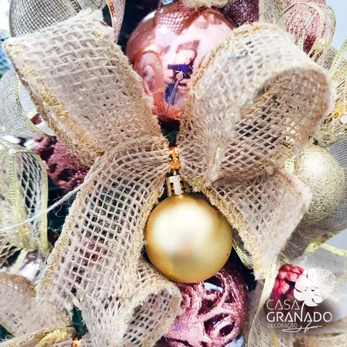 Árvore De Natal Rosa E Dourado Decorada Pronta P Uso 70cm